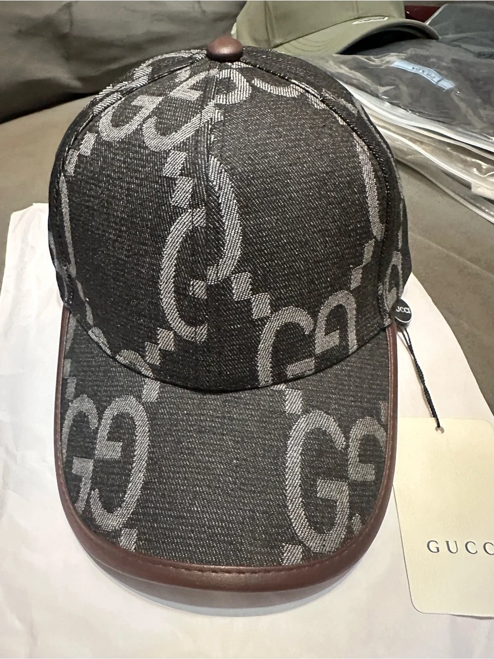 Gucci Men's Black GG Canvas Baseball Cap with Brown Leather Strap
